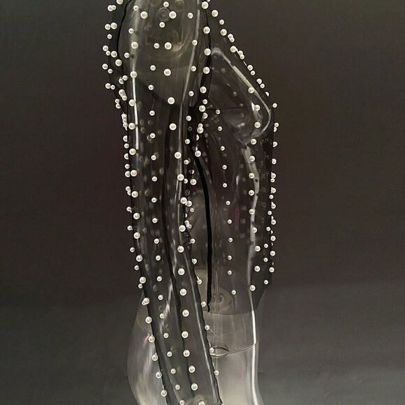 Black Casual Women's Rave Elegant Pearls Beaded Mesh Sheer Cover Up - Picture 3 of 6